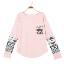 casual t-shirts women geometry print sequin patchwork pocket tee round neck long sleeve women tops plus size J4U66