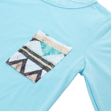 casual t-shirts women geometry print sequin patchwork pocket tee round neck long sleeve women tops plus size J4U66