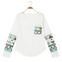 casual t-shirts women geometry print sequin patchwork pocket tee round neck long sleeve women tops plus size J4U66