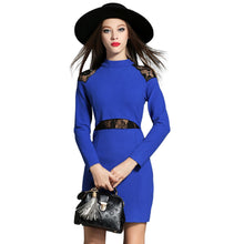 dress women woollen lace dress insert slit back stand neck elegant party dress back zipper slim dress blue J4U66