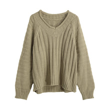 women knitted sweater vertical horizontal stripes v neck women tops long sleeves loose warm pullover blusas J4U66