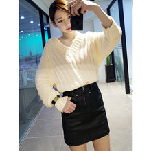 women knitted sweater vertical horizontal stripes v neck women tops long sleeves loose warm pullover blusas J4U66