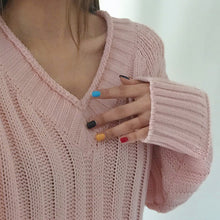 women knitted sweater vertical horizontal stripes v neck women tops long sleeves loose warm pullover blusas J4U66