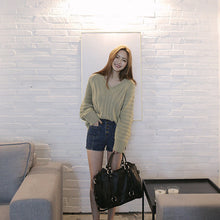 women knitted sweater vertical horizontal stripes v neck women tops long sleeves loose warm pullover blusas J4U66