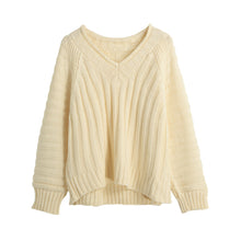 women knitted sweater vertical horizontal stripes v neck women tops long sleeves loose warm pullover blusas J4U66