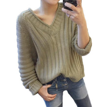 women knitted sweater vertical horizontal stripes v neck women tops long sleeves loose warm pullover blusas J4U66