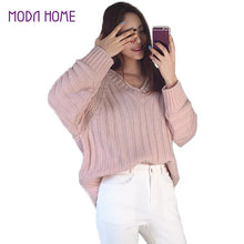 women knitted sweater vertical horizontal stripes v neck women tops long sleeves loose warm pullover blusas J4U66