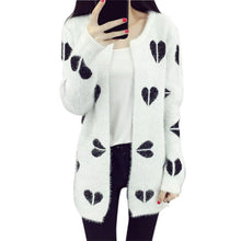 Lady Long Knitted Cardigan Coat Heart Plaid Pattern Round Collar Jacket Warm Sweaters J4U66