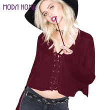 women sweaters and pullovers lace up v neck jumper long sleeve casual crop knitted tops black burgundy knit J4U66