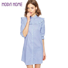 women dress turn down long sleeve striped print vintage dress ruffle shirt dress plus size casual dresses vestidos J4U66