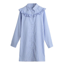 women dress turn down long sleeve striped print vintage dress ruffle shirt dress plus size casual dresses vestidos J4U66