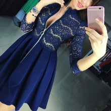 women lace party dresses vestido casual 3/4 sleeve mini dress sexy chest zipper vestidos femininos plus size J4U66