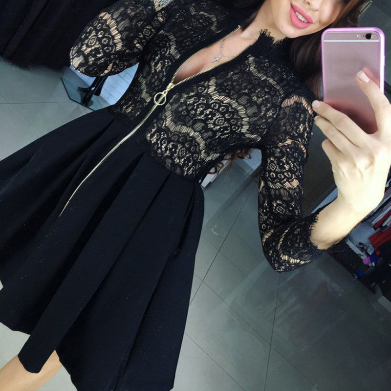 Lace Party Dresses Vestido Casual 3/4 Sleeve Mini Dress Sexy Chest Zipper Vestidos Femininos Plus Size J4U66