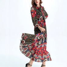 Maxi Beach Dresses Long Sleeve Bow Vintage Flower Print Party Long Boho Dress Casual Vestido Plus Size 2XL J4U66