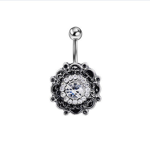 Black Crystal Flower Belly Button Navel Ring Bar Body Piercing Belly Button Rings Dangle J4U66