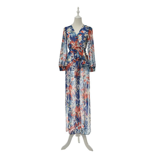 Bohemian Style Chiffon Beach Party High Split Dresses Maxi Long Sexy Women Deep V-Neck Floral Dress J4U66