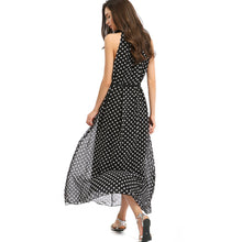 bohemian vestido women maxi chiffon dress polka dot print turtle neck sleeveless beach party long dress with belt J4U66
