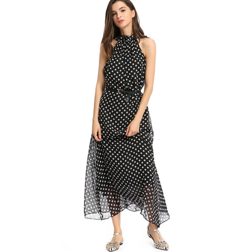 bohemian vestido women maxi chiffon dress polka dot print turtle neck sleeveless beach party long dress with belt J4U66