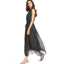 bohemian vestido women maxi chiffon dress polka dot print turtle neck sleeveless beach party long dress with belt J4U66