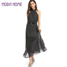 bohemian vestido women maxi chiffon dress polka dot print turtle neck sleeveless beach party long dress with belt J4U66