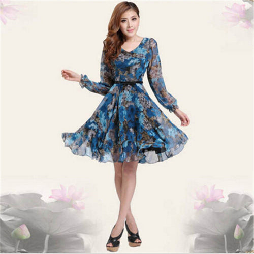 Bohemian Womens V-neck Chiffon Pleated Floral Gown Prom Chiffon Dresses Y4 J4U66