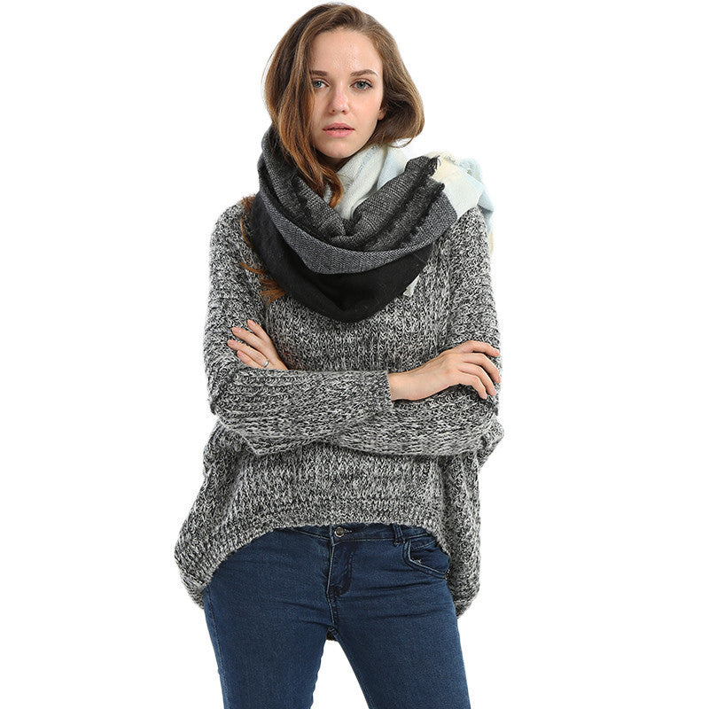 women square scarf faux cashmere pashmina contrast plaids tassels ladies scarves vintage shawl J4U66