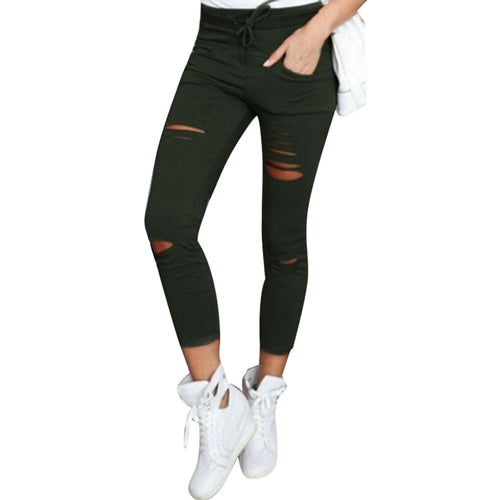 Cotton Ankle-Length Pants Women Skinny Hole Ripped Pants High Waist Stretch Slim Pencil Trousers Plus Size S-XXL  J4U66