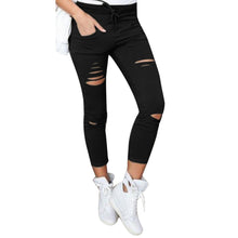 Cotton Ankle-Length Pants Women Skinny Hole Ripped Pants High Waist Stretch Slim Pencil Trousers Plus Size S-XXL  J4U66