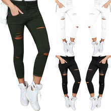 Cotton Ankle-Length Pants Women Skinny Hole Ripped Pants High Waist Stretch Slim Pencil Trousers Plus Size S-XXL  J4U66