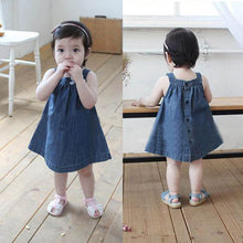 Cute Blue Solid Bow Cowboy Dress Children Kids Girls Strap Jean Denim Knee-Length Dresses LE2 J4U66