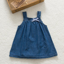 Cute Blue Solid Bow Cowboy Dress Children Kids Girls Strap Jean Denim Knee-Length Dresses LE2 J4U66