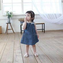 Cute Blue Solid Bow Cowboy Dress Children Kids Girls Strap Jean Denim Knee-Length Dresses LE2 J4U66
