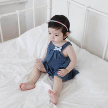 Cute Blue Solid Bow Cowboy Dress Children Kids Girls Strap Jean Denim Knee-Length Dresses LE2 J4U66