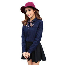 denim women blouses solidcolor button placket long sleeve shirt scarf casual blouse women tops blusas blue J4U66