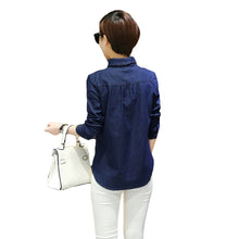 denim women blouses solidcolor button placket long sleeve shirt scarf casual blouse women tops blusas blue J4U66