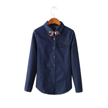 denim women blouses solidcolor button placket long sleeve shirt scarf casual blouse women tops blusas blue J4U66