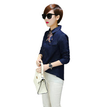 denim women blouses solidcolor button placket long sleeve shirt scarf casual blouse women tops blusas blue J4U66