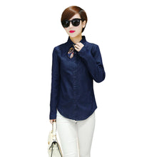 denim women blouses solidcolor button placket long sleeve shirt scarf casual blouse women tops blusas blue J4U66