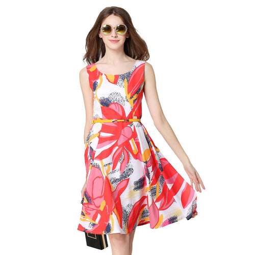europe women elegant dress floral print dress flower sleeveless o neck slim lady office dress with belt red J4U66