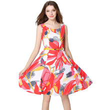 europe women elegant dress floral print dress flower sleeveless o neck slim lady office dress with belt red J4U66