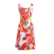 europe women elegant dress floral print dress flower sleeveless o neck slim lady office dress with belt red J4U66