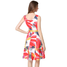 europe women elegant dress floral print dress flower sleeveless o neck slim lady office dress with belt red J4U66