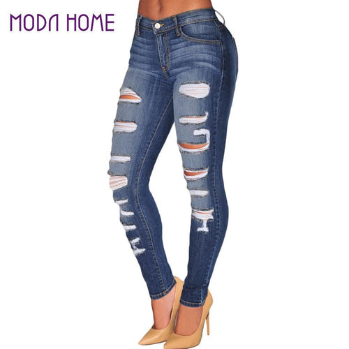 fall women denim destroyed skinny jeans high waist jeans woman stretchy ripped hole pencil pants vaqueros mujer J4U66