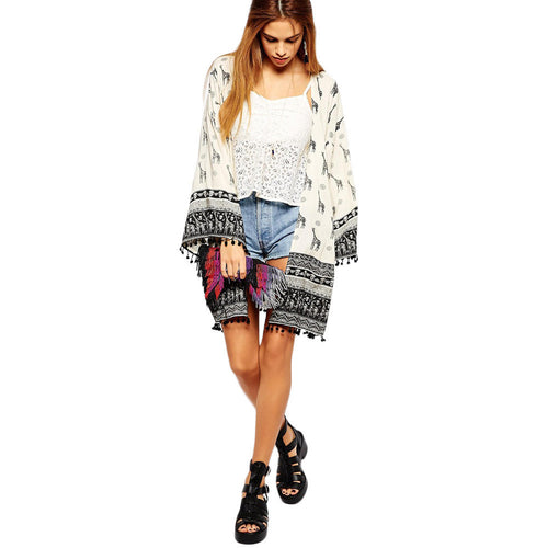 animal print women blouses open front tassel kimono cardigan long sleeve kimono casual shirt women blusas J4U66