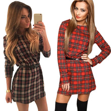 Women's Long-Sleeve Slim Short Dress Plaid Pencil Mini Dresses PY8 J4U66