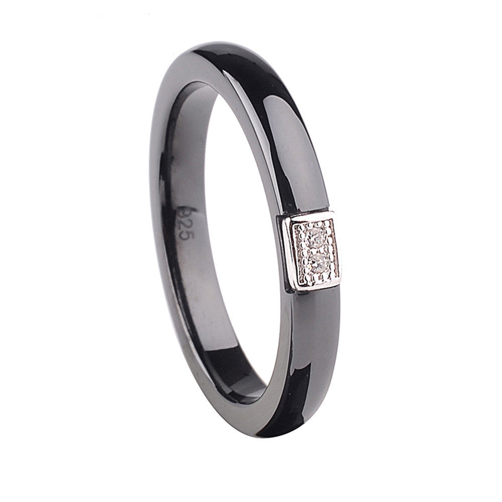 polished ceramic ring with5 sterling silver amp cz diamond embedded white gold electroplated size 7   J4U66