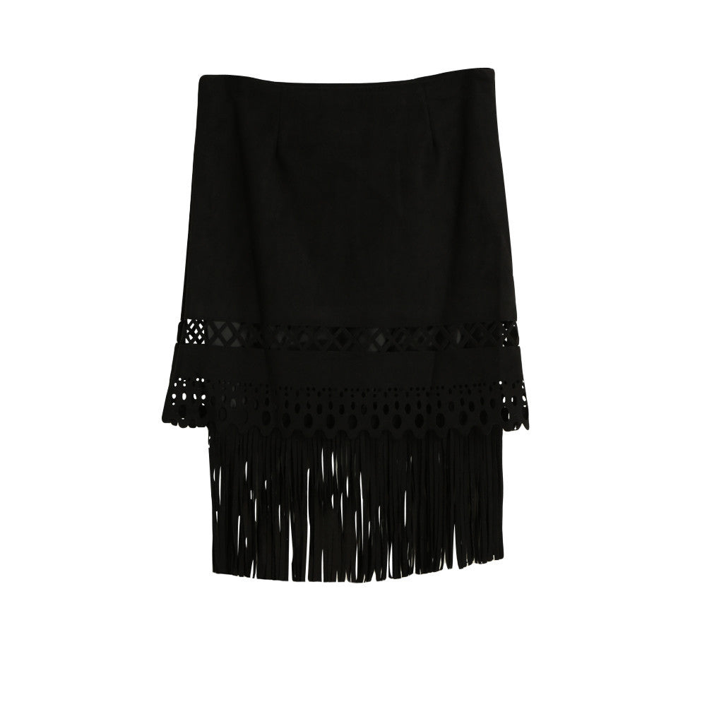 retro womens midi skirts suede leather skirt tassel hollow out saia mid zip side elegant slim skirt faldas mujer J4U66