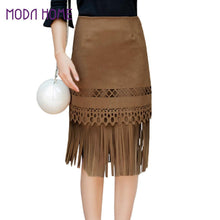retro womens midi skirts suede leather skirt tassel hollow out saia mid zip side elegant slim skirt faldas mujer J4U66