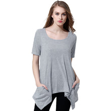 tshirt women knitting overtop o neck short sleeves pockets asymmetric hem casual pullover women tops grey J4U66