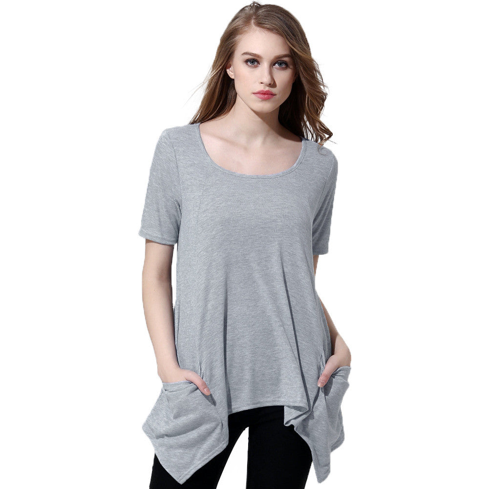 tshirt women knitting overtop o neck short sleeves pockets asymmetric hem casual pullover women tops grey J4U66